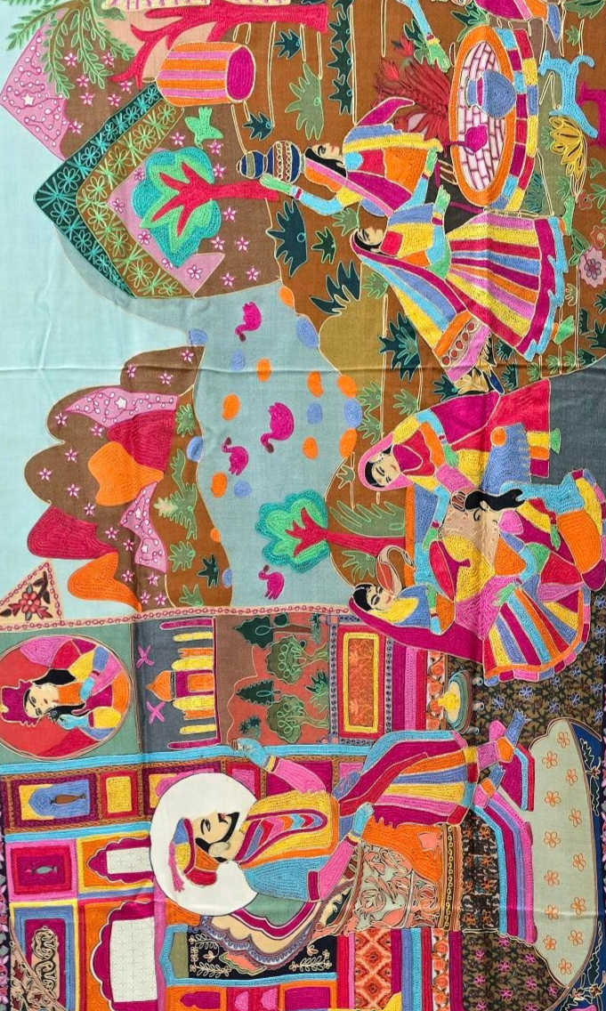 Pure Wool Shawl Featuring Mughal Darbar Storytelling & Village Motifs
